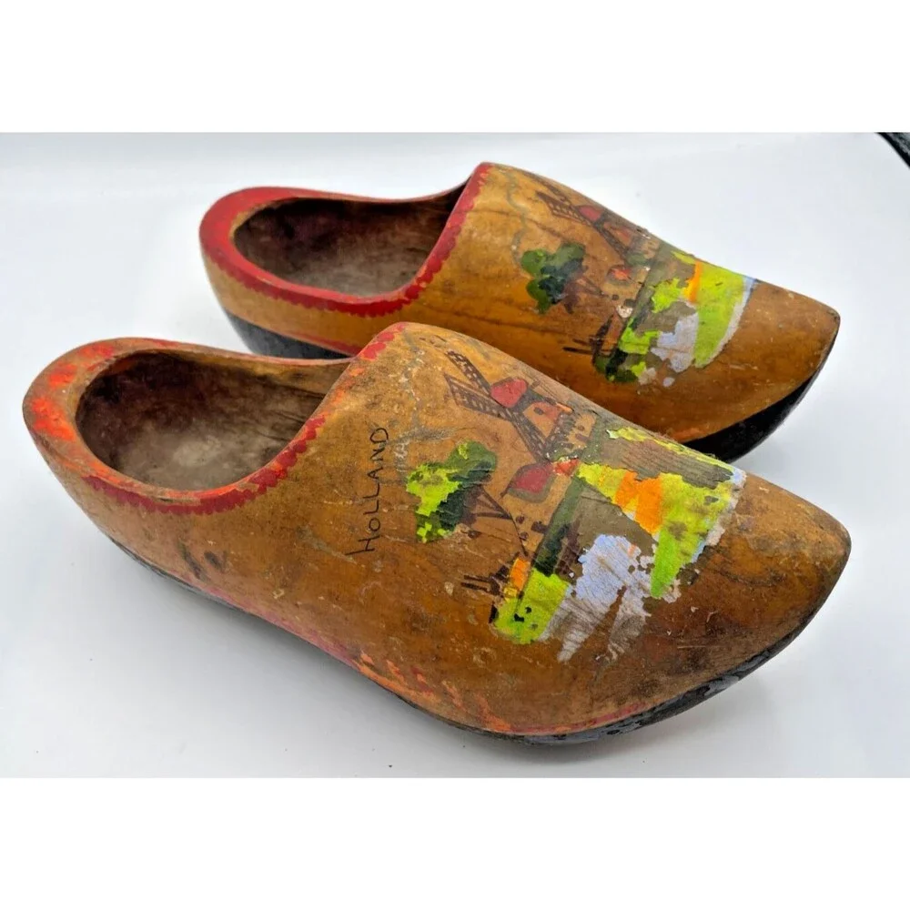 Vintage Dutch Wooden Clogs Hand Painted Windmills Amsterdam Holland